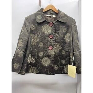 Trevan Floral Brocade Embroidered Button Front Flyaway Jacket 14 Bell Sleeve NWT